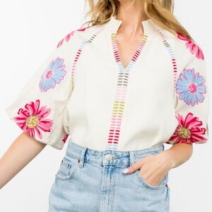 THML Cream Embroidered Puff Sleeve Top XS